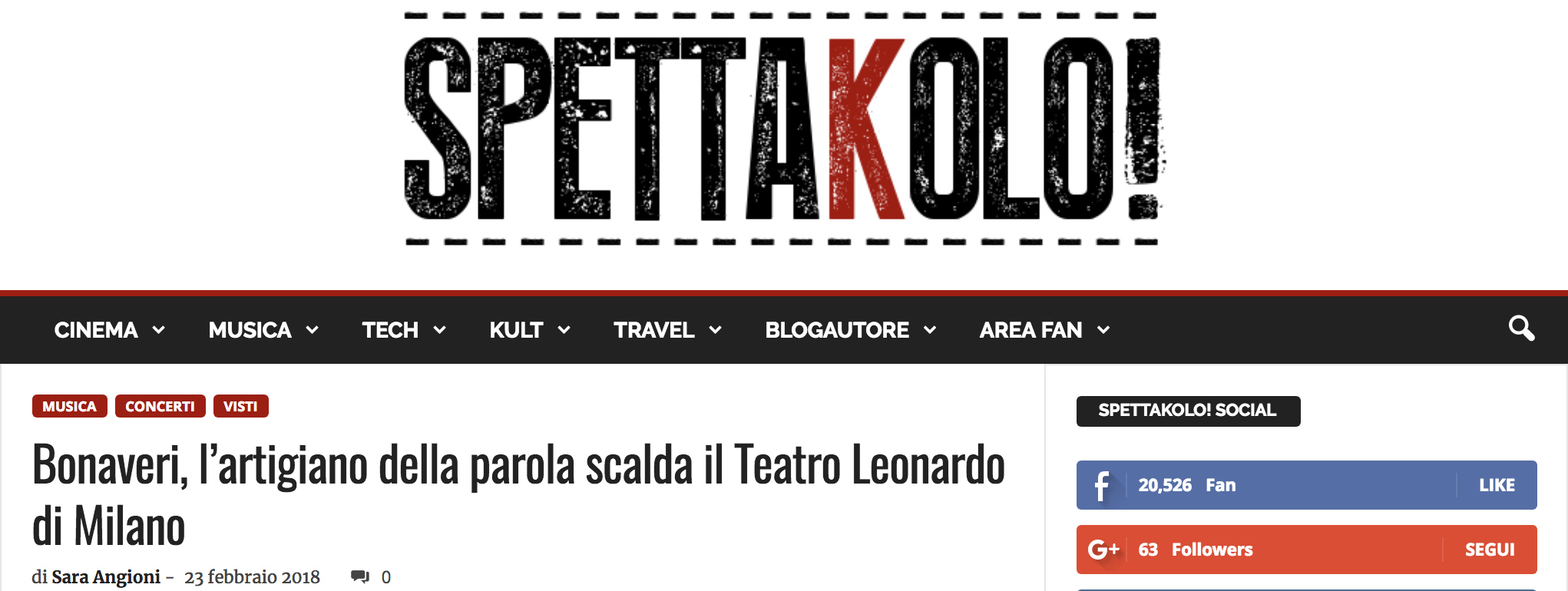 SPETTAKOLO: Bonaveri scalda il Teatro Leonardo di Milano